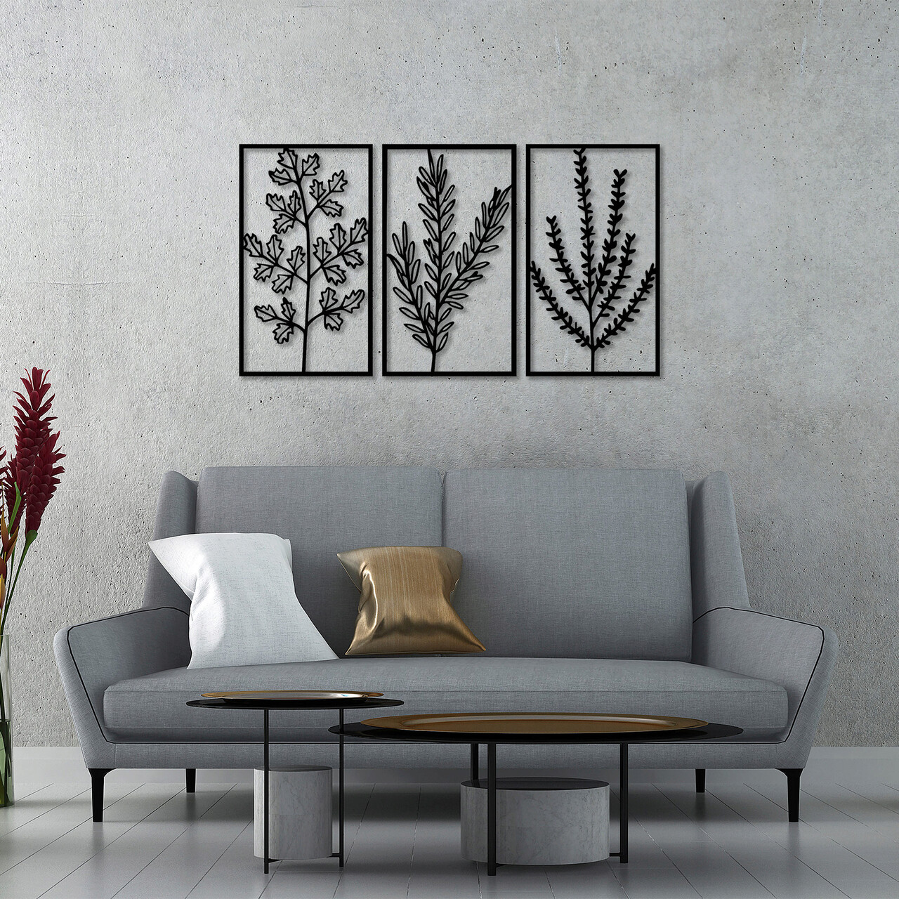 Decoratiune de perete, Flowers, 40 x 70 cm, 3 piese, Negru - imagine 7